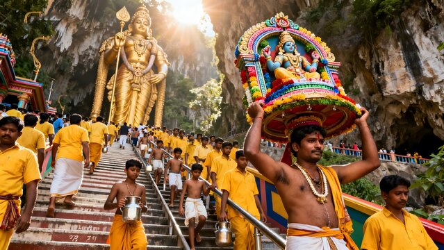 The atmosphere of the Thaipusam festival celebration in Batu Caves, Selangor.