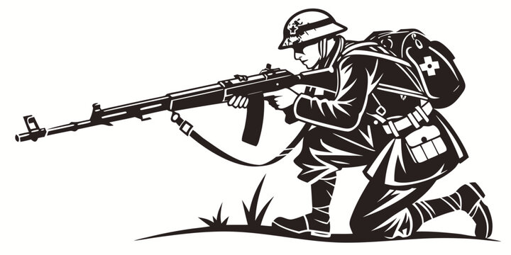 soldier in a crouching position aiming a rifle Vector