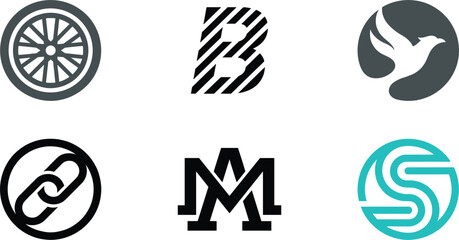 Modern abstract logo design set featuring wheel letter B dove chain monogram M and circular S brand symbols © Mohammad