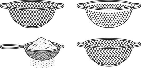 Kitchen colander and strainer utensil icon set showing metal sieve bowls for washing draining and sifting food ingredients
