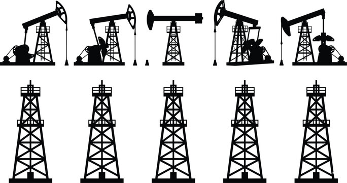 Oil drilling rig and pumpjack silhouette icon set representing petroleum industry energy extraction offshore production engineering symbols