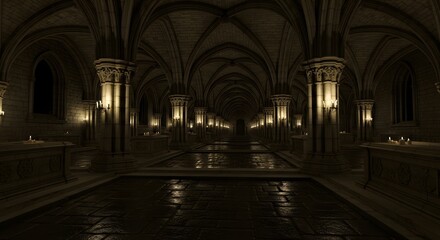 Fototapeta premium Gothic Cathedral Interior: Illuminated Corridor with Candles
