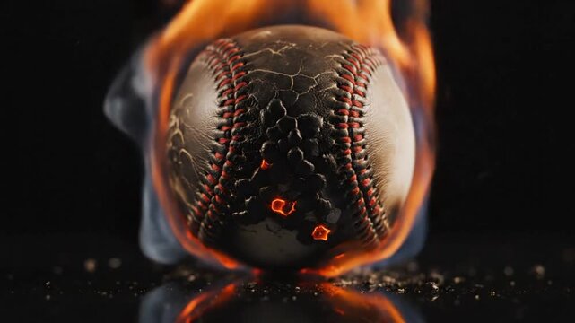 Burning baseball in slow motion, showing the ball's degradation as it bursts into flames against a black backdrop
