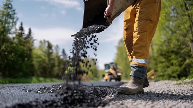 Construction worker paving asphalt road with bulldozer and truck in background
