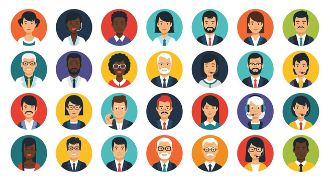 Diverse business people icons, colorful professional portraits, vector avatars, office worker illustrations, 25 human faces
