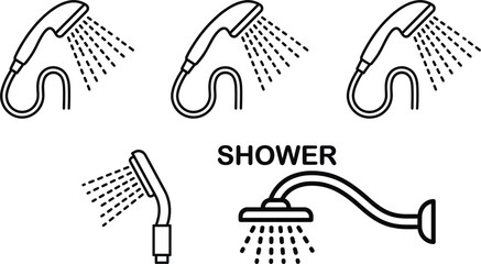 Shower head bathroom water spray icon set featuring handheld and wall mounted shower symbols for hygiene cleaning and bathing © Mohammad