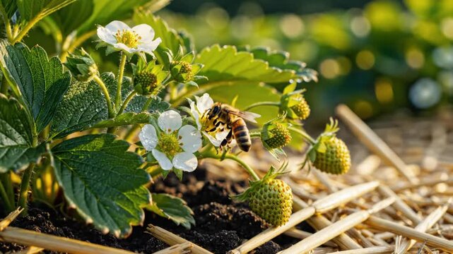 Close up view of a bee pollinating a strawberry flower in a garden bed with developing green berries