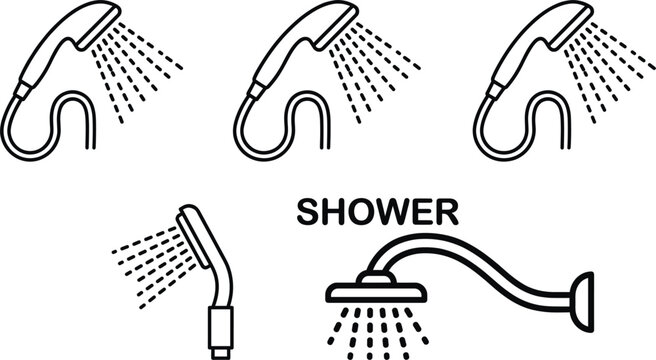 Shower head bathroom water spray icon set featuring handheld and wall mounted shower symbols for hygiene cleaning and bathing