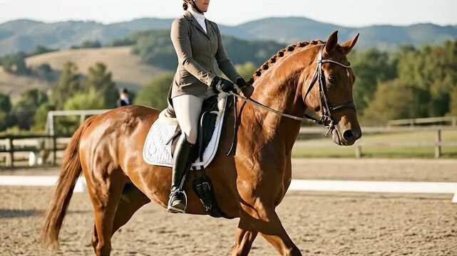 Elegant equestrian woman riding a brown horse during a dressage competition.