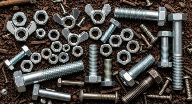 A close-up overhead view of a varied collection of metal nuts and bolts arranged on a textured surface