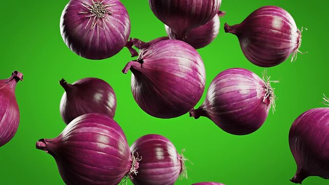 Red Onions Gently Floating in Air on Bright Green Screen