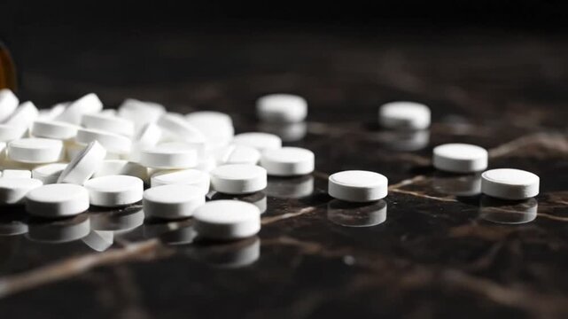 Spilled white prescription medication pills from a brown bottle on a dark marble surface, close-up