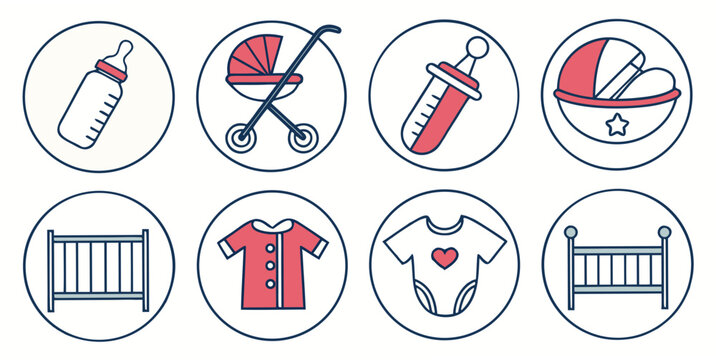 a set of baby icons including bottle, pacifier, and baby clothes Vector