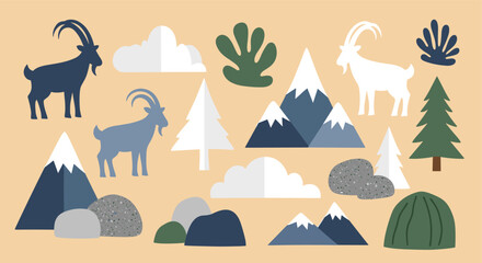 Naklejka premium Mountain landscape elements with goats and nature icons