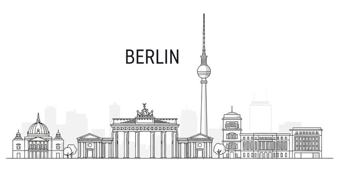 Berlin city skyline with famous landmarks.