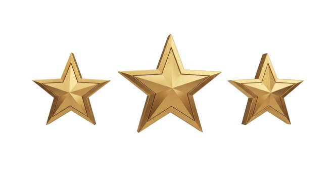 Three golden stars isolated on transparent background for rating and achievement