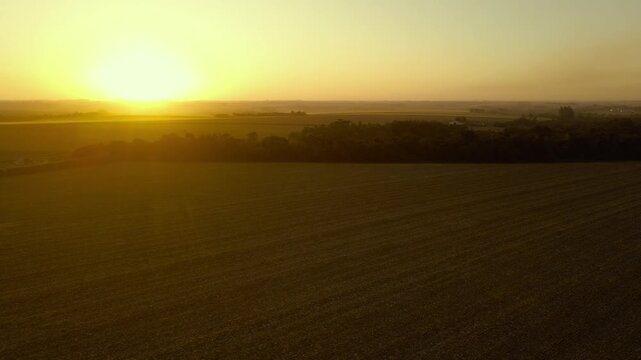Aerial view of an agricultural field with a sunset in Paraguay.