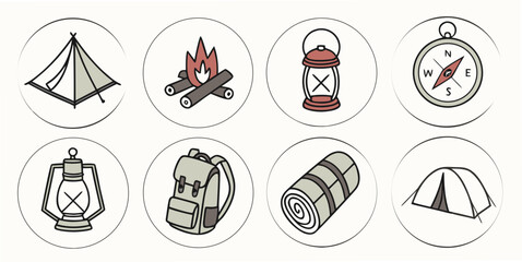 a set of camping icons including a tent and a compass Vector © Eva