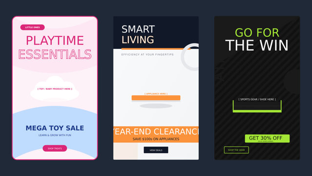 Modern mobile app promotional banners, geometric shapes, abstract composition, minimal design, social media graphics, marketing templates