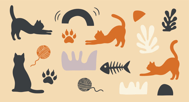 Abstract cat silhouette collection with organic shapes and playful elements
