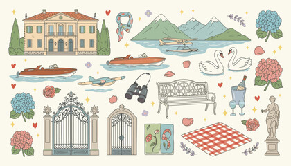 Obraz premium Lake Como Italy travel elements collection