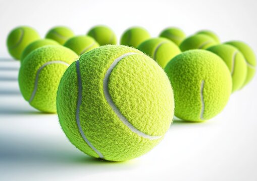 Close-up of bright yellow-green tennis balls clustered on a white surface with textured fuzz in sharp focus and a playful energetic mood