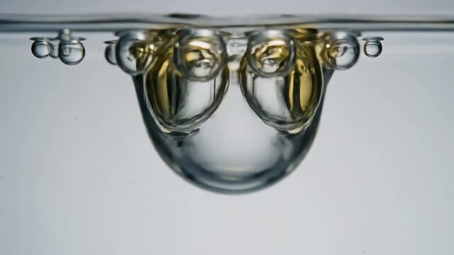 Closeup of Golden Bubbles Forming and Floating in Clear Liquid.