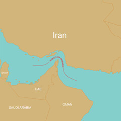 Geopolitical map illustration showing the Strait of Hormuz, Iran, and the United Arab Emirates (UAE).
