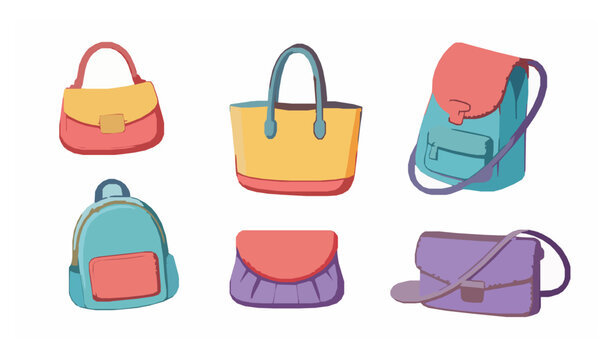 Cute cartoon style bags vector set with trendy fashion handbags and backpacks