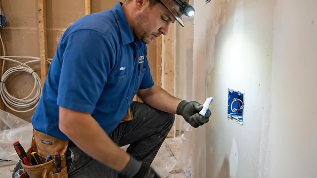 Electrician installing electrical outlet in residential construction site with wearing work gloves.