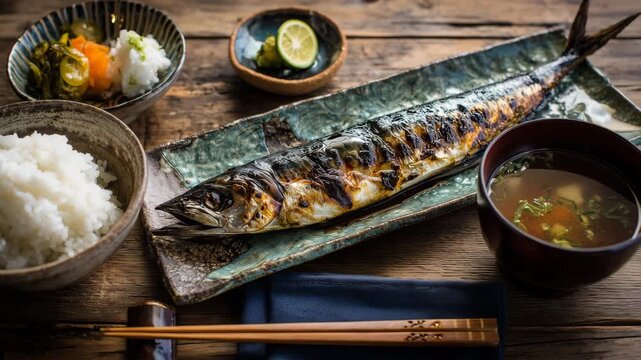 木製の食卓に並ぶ秋刀魚の塩焼き定食一式
