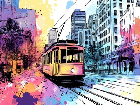 Vibrant yellow streetcar gliding on rails through a bustling city avenue lined with tall buildings, trees and sidewalks, overhead cables and colorful paint splashes conveying lively energetic motion