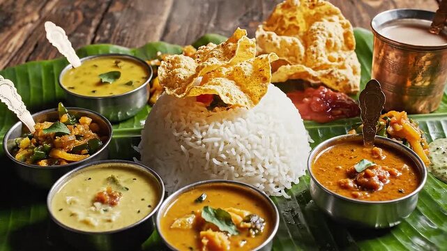 Top Down View of Vibrant South Indian Thali Meal on Banana Leaf