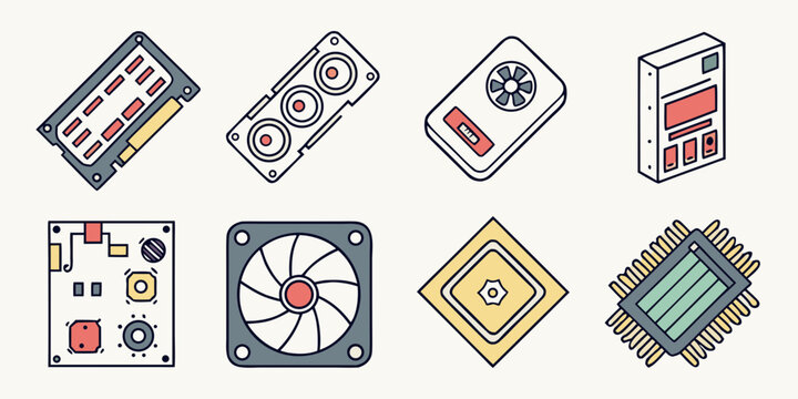 computer hardware components icons Vector