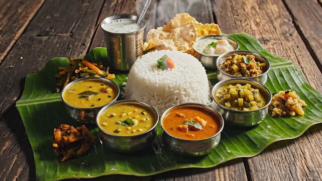 Top Down View of Vibrant South Indian Thali Meal on Banana Leaf