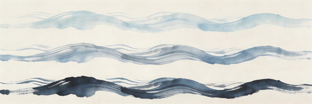 Abstract watercolor ink wave patterns in blue and white, with smooth curves and fluid strokes, creating a serene and elegant artistic background for design or decoration.