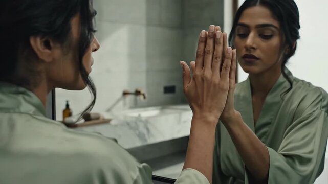 A woman gazes at her reflection, suggesting introspection and contemplation. Ideal for campaigns on self-care, wellness, or personal growth.