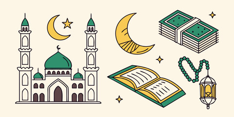 a mosque with a book and lantern Vector © Abu