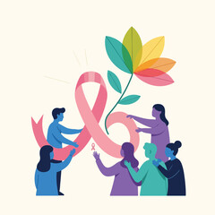 Group around pink ribbon with rainbow flower, promoting awareness and support