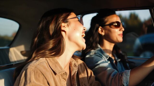 Two young women laughing and enjoying a car ride in the sunshine, wearing sunglasses