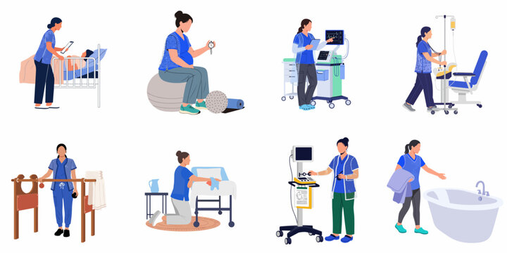 Collection of flat vector illustrations showing a midwife and pregnant woman during various stages of prenatal care, labor preparation, and hospital delivery.