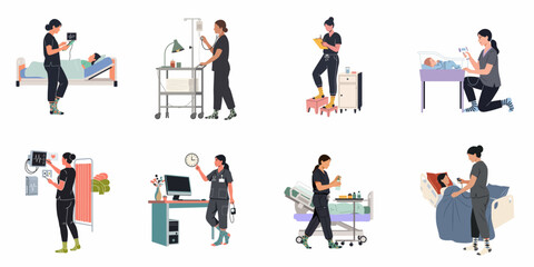 Fototapeta premium Flat illustration set of diverse female nurses performing various medical duties and caring for patients in a hospital setting.
