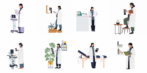 Obraz premium Set of Vector Illustrations Featuring Female Doctors and Sonographers Conducting Ultrasound Examinations and Reviewing Results in a Modern Clinic Setting.