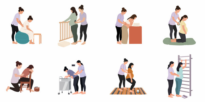 Set of flat illustrations showing a doula or midwife supporting pregnant women through various labor positions and comfort measures.