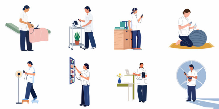 Collection of illustrations featuring a nurse or midwife using handheld fetal dopplers and medical monitoring equipment in diverse healthcare settings.