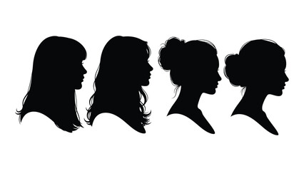 Silhouette portraits of four women with distinctive hair styles and profiles in black against a white background