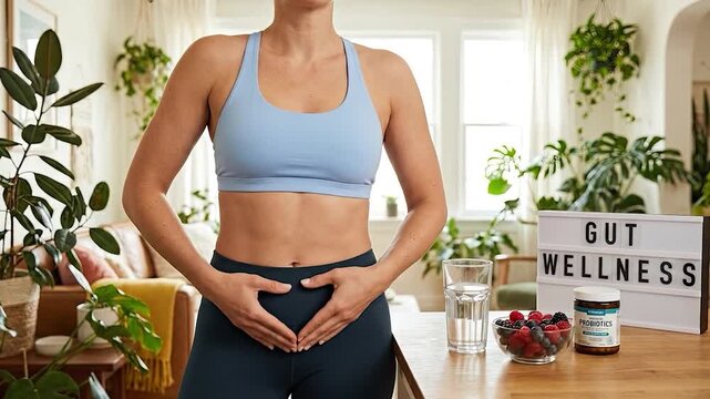 Woman making heart gesture on stomach with promoting gut health  wellness at home.