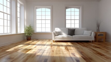 Obraz premium Bright interior living space showcasing natural wood flooring illuminated by sunlight streaming through tall windows.