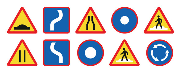 Various road signs featuring symbols for speed bumps, curves, narrow roads, pedestrian crossings, and roundabouts.