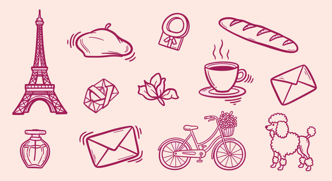 Hand drawn doodle set of iconic French symbols and travel elements